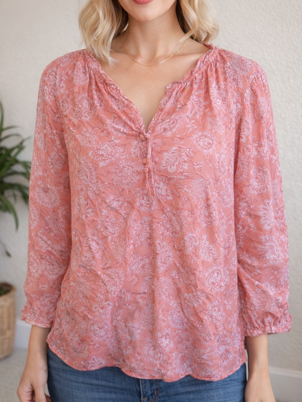 Vince Camuto Floral V-Neck Pink Semi-Sheer Blouse